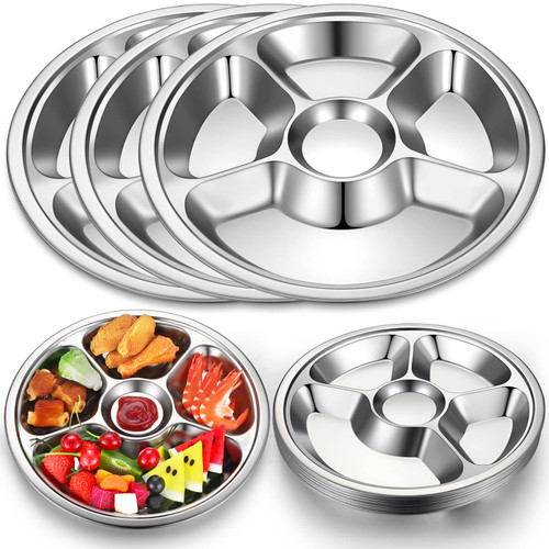 Roshtia 10 Pcs Divided Dinner Plate with 5 Sections Stainless Steel Divided Plate for Adults Kids Round Portion Control Plate Camping Metal Food Tray Dinner Snack Serving Plate Cafeteria Mess Tray