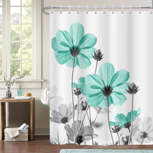 Teal Gray Floral Shower Curtain,Unique Teal Daisy Flower Elegant Wildflower Design Farmhouse Bathroom Decor Turquoise Blue Flower Waterproof Polyester Fabric Shower Curtains with Hooks,72''x72''
