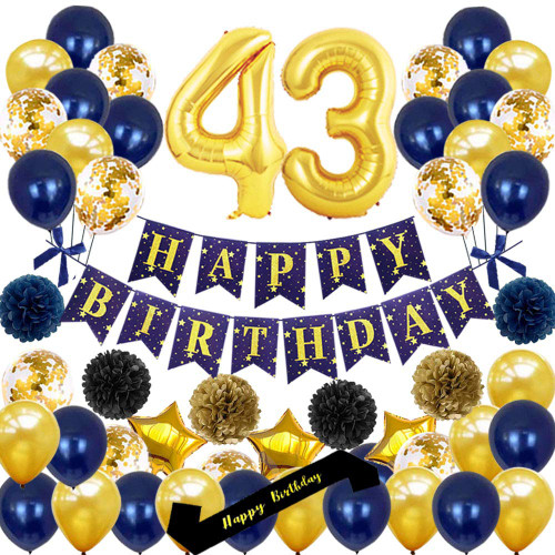 yujiaonly 43rd Birthday Party Decorations-Happy Birthday Banner Gold Number 43rd Balloons Happy Birthday Sash Latex and Confetti Balloons Perfect for 43 Years Old Party Supplies Balloons Dark Blue