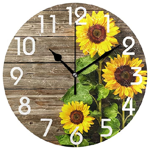Stylish Beautiful Sunflowers Wall Clock Vintage Wooden Round Clocks Wall Decor 15 Inch Battery Operated Decorative Wall Clock Silent Round Wood Wall Clock Hanging Clocks for Living Room