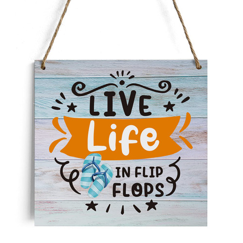 HTBIG Rustic Live Life in Flip Flops Decor Wooden Sign, Farmhouse Beach Wood Hanging Wall Decorations for Home Outdoor 7.1 x 7.1 Inches - Rustic Summer Artwork Sign