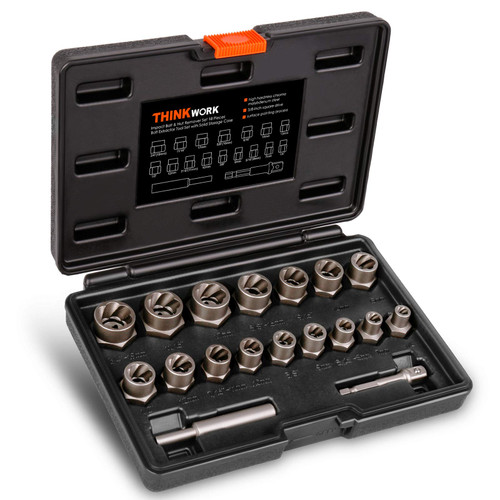THINKWORK Bolt Extractor Set, 18 Pieces Impact Bolt & Nut Remover Set, Stripped Lug Nut Remover, Extraction Socket Set for Removing Damaged, Frozen, Rusted, Rounded-Off Bolts, Nuts & Screws THINKWORK Bolt Extractor Set, 18 Pieces Impact Bolt & Nut Remover Set, Stripped Lug Nut Remover, Extraction Socket Set for Removing Damaged, Frozen, Rusted, Rounded-Off Bolts, Nuts & Screws