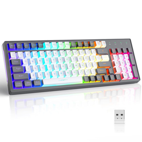 KOLMAX GK98 Wireless Gaming Keyboard,2.4G Rechargeable RGB Gaming Keyboard,RGB Backlit Ergonomic 98 Keys Mechanical Feeling Keyboard for Windows Mac PC Xbox PS4 Gamers(GreyWhite)