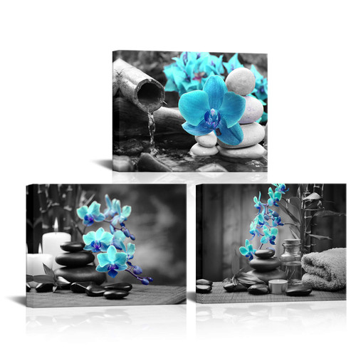 3 Panels Spa Decor Zen Canvas Wall Art Spa Stones and Blue Orchid Flower Picture Prints Relax Painting Artwork for Home Bathroom Spa Salon Decoration Stretched and Framed Ready to Hang