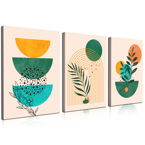 Gisipameis Boho Wall Art, Mid Century Modern Wall Art, Set of 3 Framed Canvas Wall Art Prints 12"x16" Abstract Geometric Neutral Beige Green Boho Artwork Wall Decor for Bedroom Living Room Bathroom