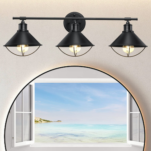 FALBAWR 3-Light Bathroom Light Fixtures, Black Vanity Light Over Mirror, Farmhouse Vanity Wall Lighting with E26 Base for Bathroom, Mirror Cabinet, Living Room FALBAWR 3-Light Bathroom Light Fixtures, Black Vanity Light Over Mirror, Farmhouse Vanity Wall Lighting with E26 Base for Bathroom, Mirror Cabinet, Living Room
