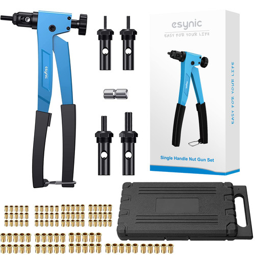 eSynic 10" Hand Rivet Nut Gun,Heavy Duty Hand Riveter Kit Rivet Nut Gun Set Rivet Nut Gun Tools with 100pcs M3 M4 M5 M6 Rivet Nut and with A Carrying Case