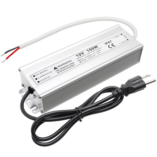 150W 12 Volt LED Power Supply, Waterproof IP67 LED Driver, 110V AC to 12V DC Converter, LED Transformer Low Voltage Output with 3-Prong Plug 3.3 Feet Cable for LED Light Strip, 12.5Amp