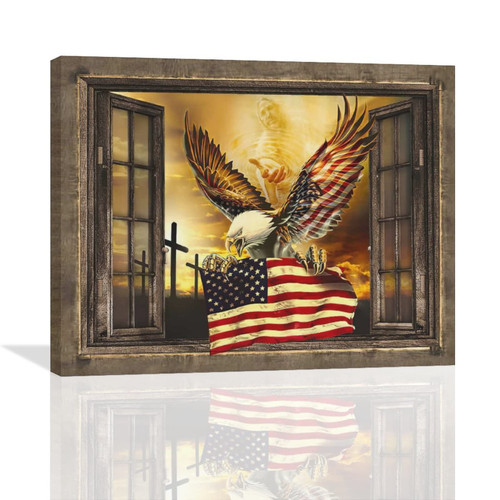 American Flag with Bald Eagle Wall Art Retro View of Window Eagle Wall Decor Rustic Flag Canvas Prints Artwork Eagle Patriotic Pictures Home Decor Framed Ready to Hang for Home Office 16"x20"