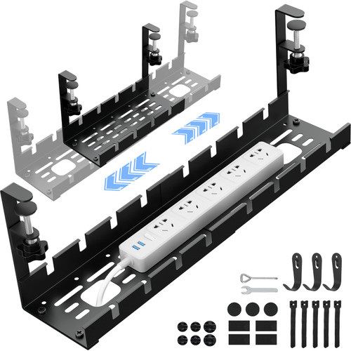 POKIPO Under Desk Cable Management Tray, Cable Management Under Desk, Retractable Under Desk Cord Organizer Wire Management No Drill Cable Tray with Clamp, Black Metal Rack Basket for Standing Desk
