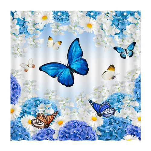 Juirnost Butterfly Flower Shower Curtain Blue and White Hydrangea Floral Spring Shower Curtain for Bathroom Farmhouse Bathtubs Home Decor with 12 Hooks Waterproof Washable Fabric 72" x 72"
