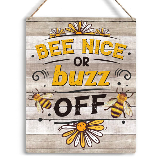 Bee Decor Bee Nice Or Buzz Off Wooden Hanging Sign Bee Kitchen Decor Rustic Farmhouse Decorations for Home Kitchen Sign 10x8 Inches Inspirational Decor And Gift for Bee Farm Owners