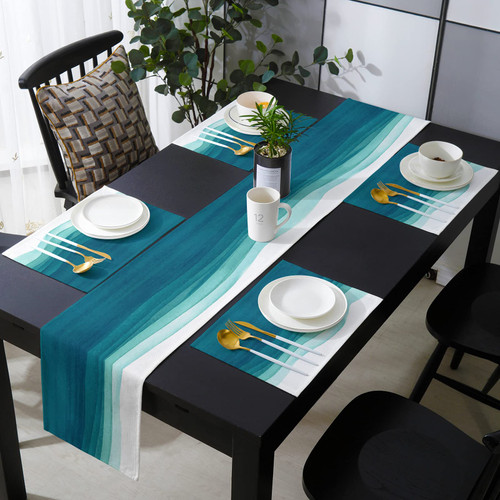Daleng Teal Gradient Table Runner 90 Inch and Place Mats Set of 6 Watercolor Teal White Gradient Cotton Linen, Heat Insulation Washable Placemats, Blue 90 x 13 + 6PCS 13 x 19 FBA20210617CXM-CDZQ