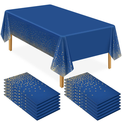 Pesonlook 12 Packs Royal Blue Plastic Disposable Tablecloths 54" x 108" Rectangular Gold Dot Disposable Tablecloths for Rectangle Tables Dining Table Covers for Parties, Picnic, Wedding, Anniversary