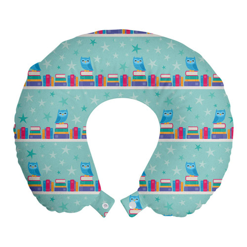 Ambesonne Owl Print Travel Pillow Neck Rest, Horizontally Designed Pattern of Stacked Books on Shelves and Stars, Memory Foam Traveling Accessory for Airplane and Car, 12", Seafoam and Multicolor