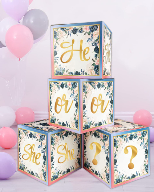 Gender Reveal Balloon Box - 4 Sets of He or She with Letters,Baby Blocks for Baby Shower Backdrop,Navy and Blush Gender Reveal Decoration Kit for Boy or Girl Baby Shower Gender Reveal Party Supplies