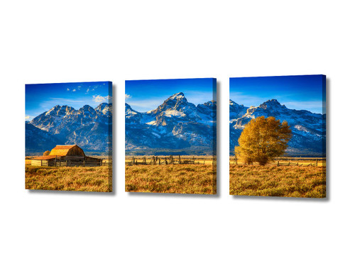 Wall Decor Blue Sky and Moulton Barn Canvas Wall Art Grand Teton Modern Artwork for Office Nature Scene Picture Print on Canvas Wall Decoration Framed Ready to Hang for Living Bedroom Home, 36"Wx16"H