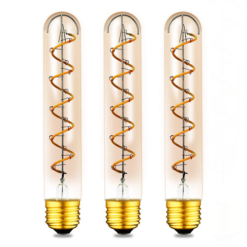 Lxcom Lighting T10 (T30) LED Tubular Edison Bulb, 3W E26 Vintage Edison LED Spiral Filament Amber Glass Bulb, Dimmable, 2200K Warm White, Pack of 3