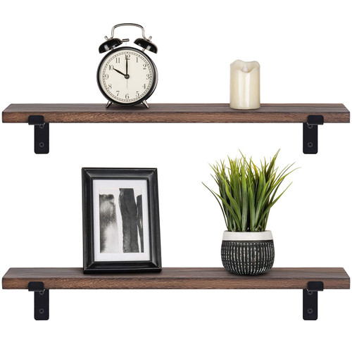 Mkono Floating Shelves Wall Mounted Rustic Wood Wall Shelves Modern Storage Shelving with L Brackets for Home Decor Bathroom Bedroom Living Room Kitchen Office Set of 2, Brown, 23.6"