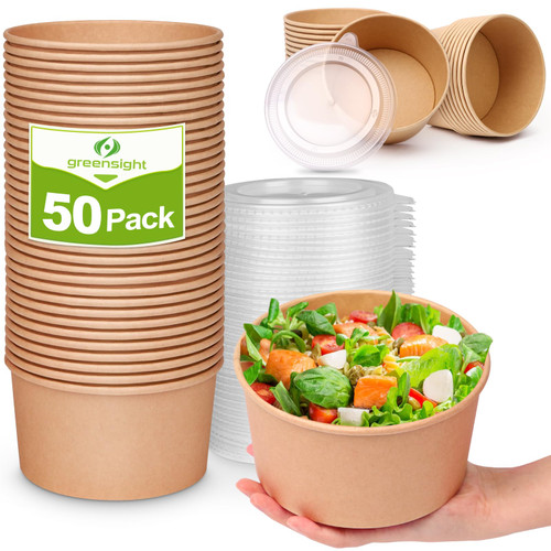 greensight 32oz Large Paper Bowls With Lids, 50 Pack Disposable Soup Bowls, Biodegradable Salads Bowls, Serving Party Bowls For Hot/Cold Food, Heavy Duty Paper Bowls