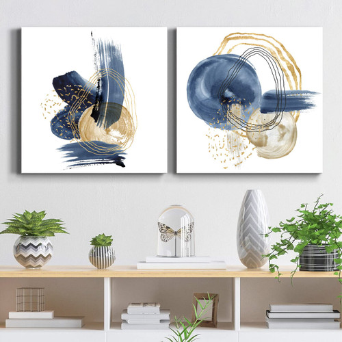 Blue Geometric Picture Blue Gold Painting Abstract Geometric Print Indigo Canvas Wall Art Blue Minimalist Poster Navy Blue Modern Art Gold Geometric Wall Art Blue Watercolor Artwork 16x16inx2 No Frame