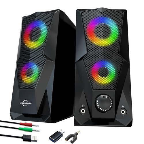 PC Gaming Speakers for Desktop, USB/USB-C Powered &3.5mm Aux-in 2.0 Stereo RGB Computer Speakers with Touch on/off Lights, Volume Control & Headphone & Microphone Jacks for Desktop Laptop Monitor