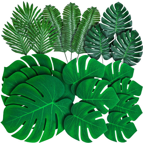 96pcs Artificial Palm Leaves Plant Kit Fake Monstera Deliciosa Faux Palm Fronds Artificial Tropical Plants Greenery Hawaiian Party Supplies Decor