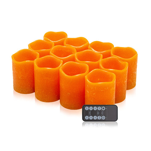 Orange Flameless LED Votive Candle Lights, Set of 12 (D:3" X H:4") Realistic Flickering Electric Candles Battery Operated, Real Wax Moving Wick LED Pillar Candle Sets with Remote Control Timer Orange Flameless LED Votive Candle Lights, Set of 12 (D:3" X H:4") Realistic Flickering Electric Candles Battery Operated, Real Wax Moving Wick LED Pillar Candle Sets with Remote Control Timer