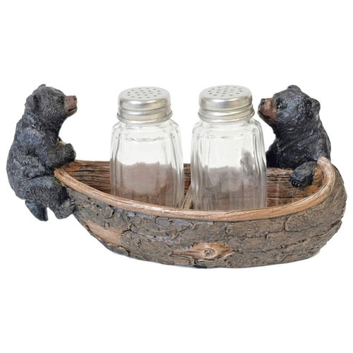 BestGiftEver Black Bear Cubs with Canoe Salt and Pepper Shaker Holder Set (Shakers Included)