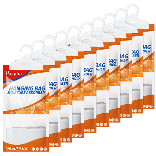 Vacplus Moisture Absorbers Hanging Bags - Fragrant Humidity Packs for Effectively Absorbing Excess Moisture, Closet Dehumidifiers & Odor Removers with Citrus Scent for Home & Car (10 Pack)