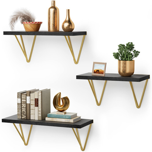 AMADA HOMEFURNISHING Floating Shelves Set of 6, Black Wall Shelves for Bedroom, Living Room, Bathroom, Kitchen, Shelves for Wall Decor Set