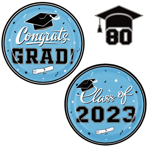 Gatherfun Graduation Party Supplies 2023 Graduation Party Dinnerware Sky Blue Disposable Paper Plates for Congrats Grad Party Decorations, Serve 80