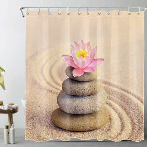 LB Spa Stone Shower Curtain Decor, Nature Pebble and Pink Flower Water Lily on Modern Beige Shower Curtain for Bathroom 72X72 inch Polyester Fabric Bathroom Decoration Bath Curtains Hooks Included