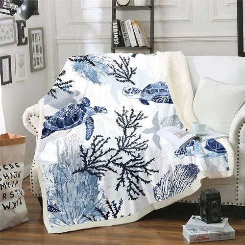 Turtle Sherpa Blanket White Blue Sea Hawaiian Turtle Fleece Throw Blanket Tortoise Plush Blanket Ocean Beach Theme Fuzzy Blanket Underwater Turtle Fleece Throw Blanket for Bed Sofa Couch Throw 50"x60"