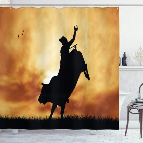 Ambesonne Western Shower Curtain, Bull Rider Silhouette at Sunset Dramatic Sky Rural Countryside Landscape Rodeo, Cloth Fabric Bathroom Decor Set with Hooks, 69" W x 70" L, Amber Black