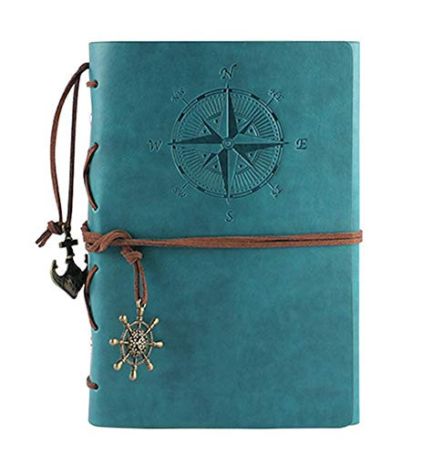 Leather Journal Notebook, Vintage Nautical Spiral Notebook Refillable Diary Sketchbook Travel Journals to Write in with Blank Pages and Retro Pendants (Sky Blue)