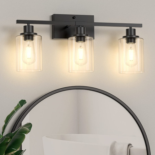 Asnxcju Modern 3-Light Vanity Wall Light Fixtures, Black Bathroom Lighting Fixtures Over Mirror, Bathroom Wall Mounted Lamp with Clear Glass Shade for Bedroom, Living Room, Hallway, E26 Base