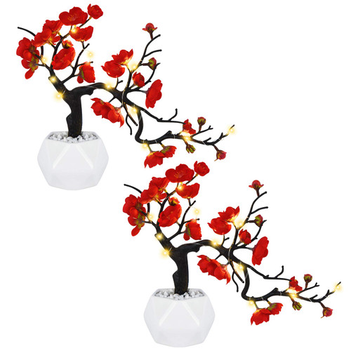Dolicer 2 Pack Plum Blossom Artificial Flowers Artificial Silk Plum Blossoms with Ceramic Vase Double Branches Simulation Flower Plum Blossom Potted Arrangement for Home Office Party Table Decor, Red