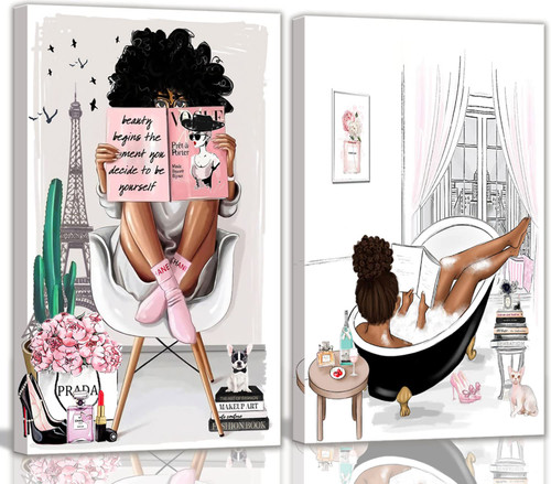 2 Pieces Framed African American Wall Art Modern Fashion Paris Pink White Afro Black Girls Women Canvas Wall Decor Pictures Posters Prints Artwork for Bathroom Living Room Bedroom Home Decoration