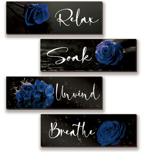4 Pieces Blue Rose Bathroom Wall Decors Wall Art Wooden Flower Restroom Decor Royal Blue Decor Modern Breathe Wash Unwind Relax Sign for Bedroom Living Room Home Decoration(Blue Rose, 12x4 Inch)