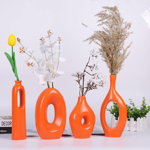 Ceramic Matte Orange Vase Decor Set of 4,Donut Vases for Flowers Pampas Grass,Minimalist Style for Modern RusticHome Decor, Farmhouse Decor, Shelf Decor, Table, Bookshelf, Mantel and Entryway Decor Ceramic Matte Orange Vase Decor Set of 4,Donut Vases for Flowers Pampas Grass,Minimalist Style for Modern RusticHome Decor, Farmhouse Decor, Shelf Decor, Table, Bookshelf, Mantel and Entryway Decor