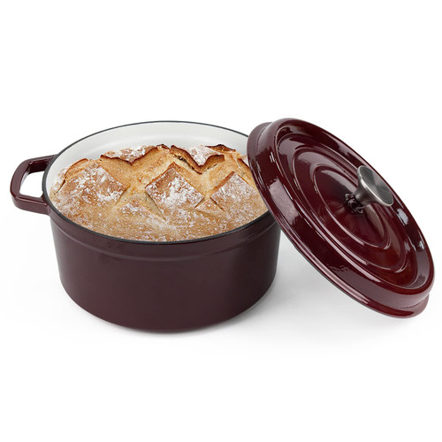 Enameled Cast Iron Dutch Oven, 4 Quart Dutch Oven Pot with Lid, Dutch Oven Suitable for Bread Baking, Oven Safe Dutch Oven Pot with Loop Handles, Non-stick Enamel Coated Cookware, Wine Red