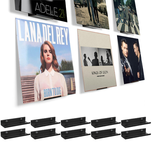 BiJun Vinyl Wall Mount 10 Pack, Black Metal Vinyl Holder Wall Display Shelf Record Wall Mount Stand for Albums LP Minimalist Vinyl Record Wall Storage Set for CD Display in Office Home
