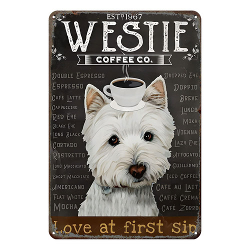 Gnelde Vintage Tin Sign Westie Dog Coffee Company Art Sign Home Kitchen Bar Cafe Club Cave Wall Decor Metal Sign 12 X 8 Inch