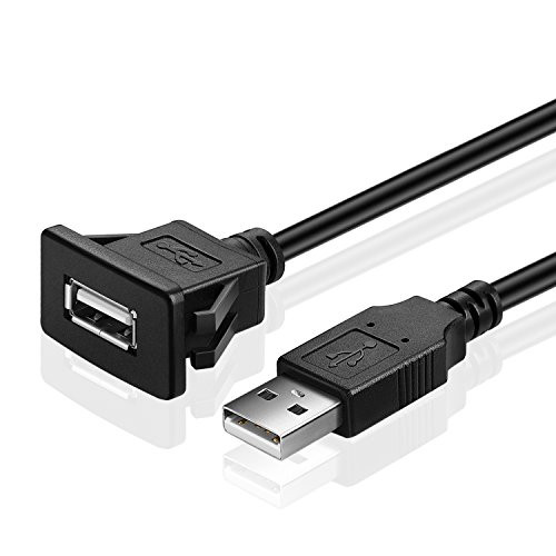 TNP USB Flush Mount Cable w/Buckle (Square)- Dashboard Panel Dash Mount 1 Port USB Socket Plug Jack Connector Extension Wire Cord Waterproof Male to Female (1M/3FT)