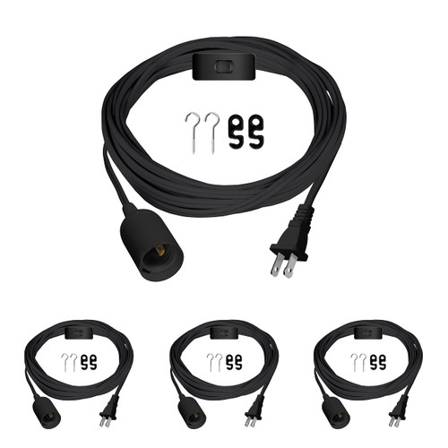 YSSOA 20ft Extension Hanging Lantern Pendant Light Cord Cable with E26 Socket, On/Off Switch, 4 Pack, Black (Bulb Not Included)