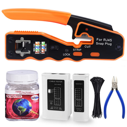 RJ45 Crimp Tool Kit Cat6 Cat5 Cat5e Crimping Tool with 50PCS RJ45 Cat6 Cat5 Connectors, Network Cable Tester, Wire Cutter, 100PCS Cable Ties Black,Mini Wire Stripper