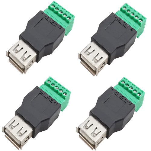 Teansic 4 Pcs USB 2.0 A Screw Terminal Block Connector, USB A Solderless Male Female Plug to 5 Pin Female Bolt Screw terminals Portable Pluggable Adapter Connector Converter (Male&Female)