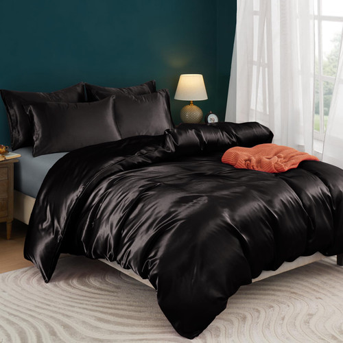 Horbaunal 5 Pieces Satin Duvet Cover Set King Size Black Duvet Cover with Corner Ties & Zipper Closure, Luxury & Silky Bedding Set, 1 Duvet Cover and 4 Pillowcases (No Comforter) Horbaunal 5 Pieces Satin Duvet Cover Set King Size Black Duvet Cover with Corner Ties & Zipper Closure, Luxury & Silky Bedding Set, 1 Duvet Cover and 4 Pillowcases (No Comforter)