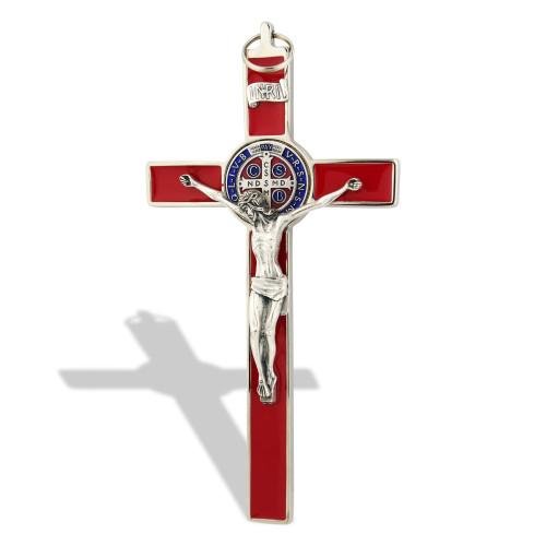 Saint Benedict Wall Crucifix with Colored Enamel (Silver-Red)